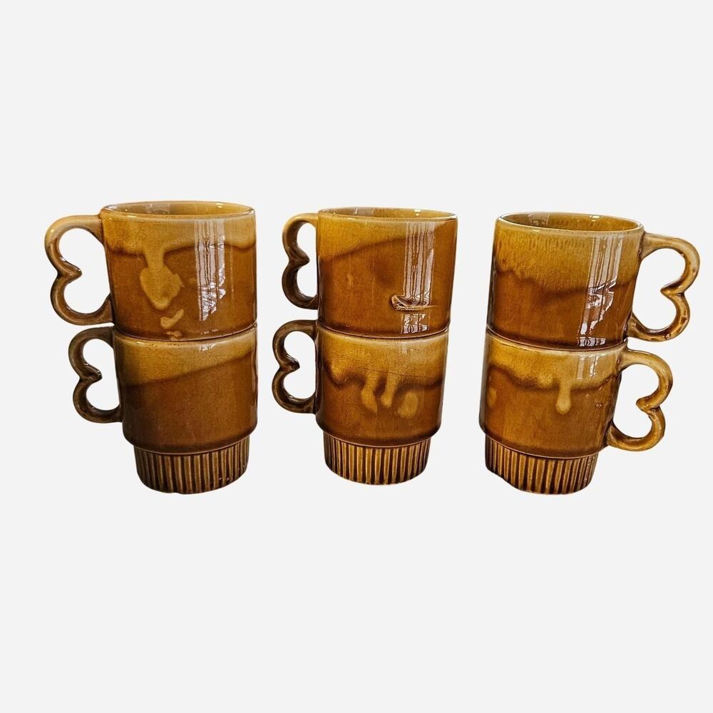 60s 70s whimsical boho drip glaze brown stackable mugs